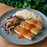 Tofu panado com crosta de cereais e molho agridoce
