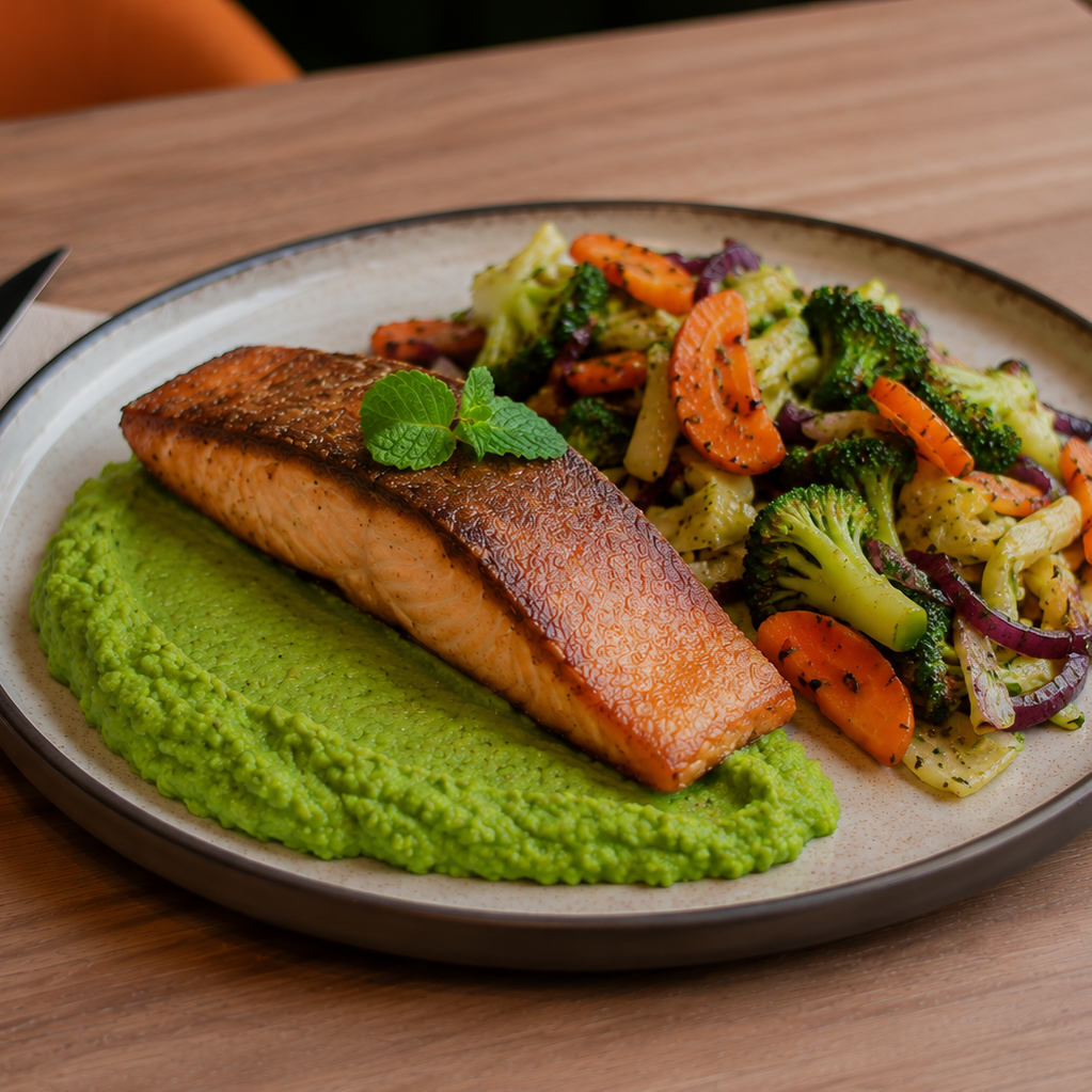 Salmón sellado con puré de guisantes y menta