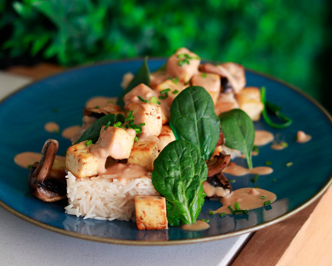 Prato com os cubinhos de tofu com molho satay