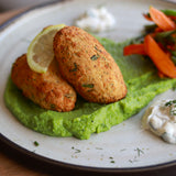 Codfish and chickpea cakes baked with lemon and caper tartare sauce