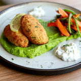 Codfish and chickpea cakes baked with lemon and caper tartare sauce