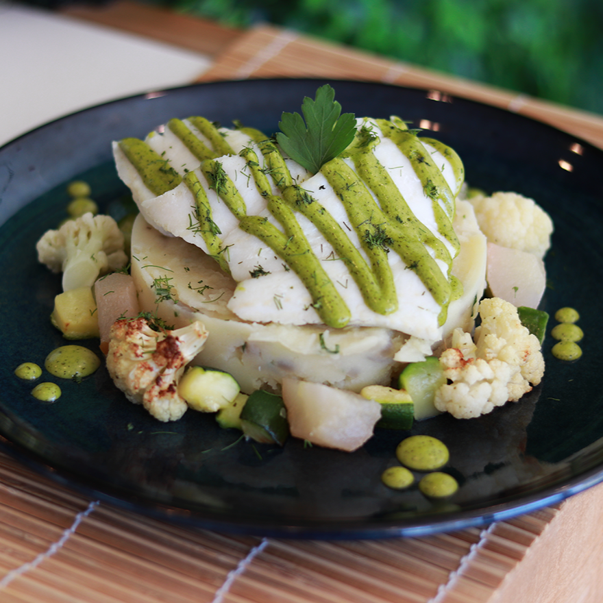 Hake fillet with herb and lemon emulsion