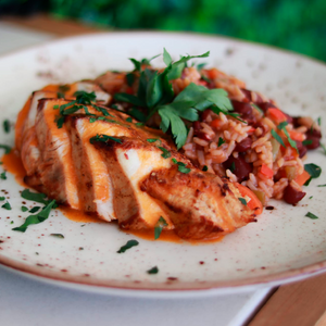 Naco de Peito de Perú com arroz cremoso de feijão vermelho